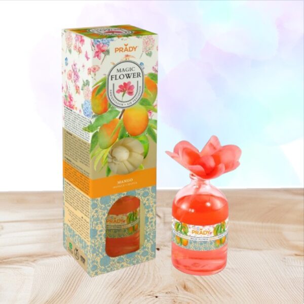 Découvrez la fleur parfumée Prady à la mangue : un parfum d’ambiance sans alcool qui colore votre intérieur tout en diffusant un parfum exotique pendant plus de 30 jours.